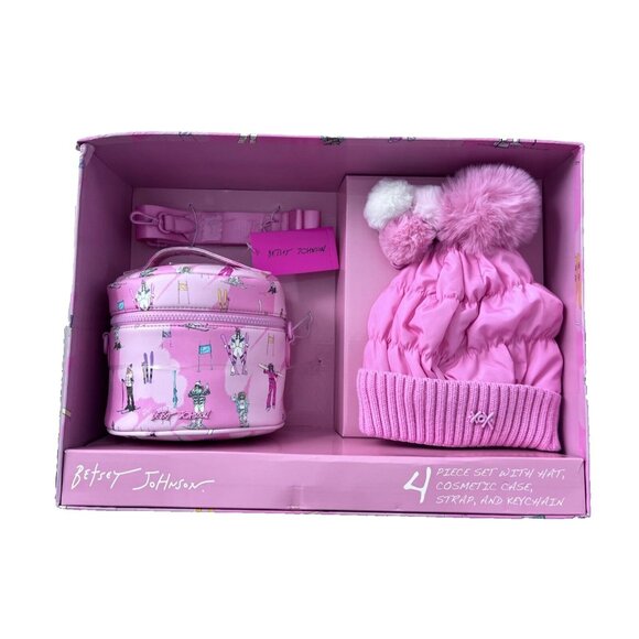 Betsey Johnson 4 Pc set Cosmetic Case, Hat, Keychain, Strap in Pink - Picture 1 of 2